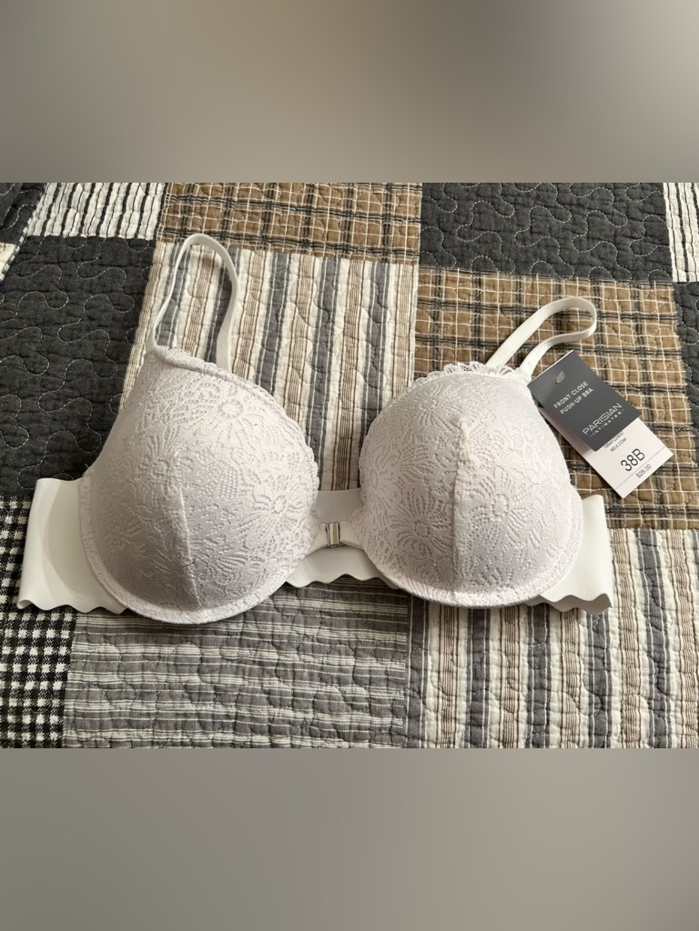 Parisian Works White Lace Front-Close Push-Up Bra